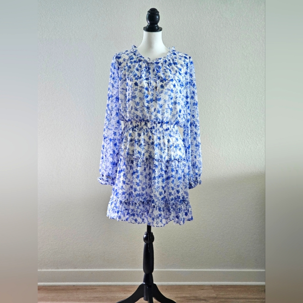 SKIES ARE BLUE Mini Blue and White Floral dress with Neck Keyhole and Tie Size L